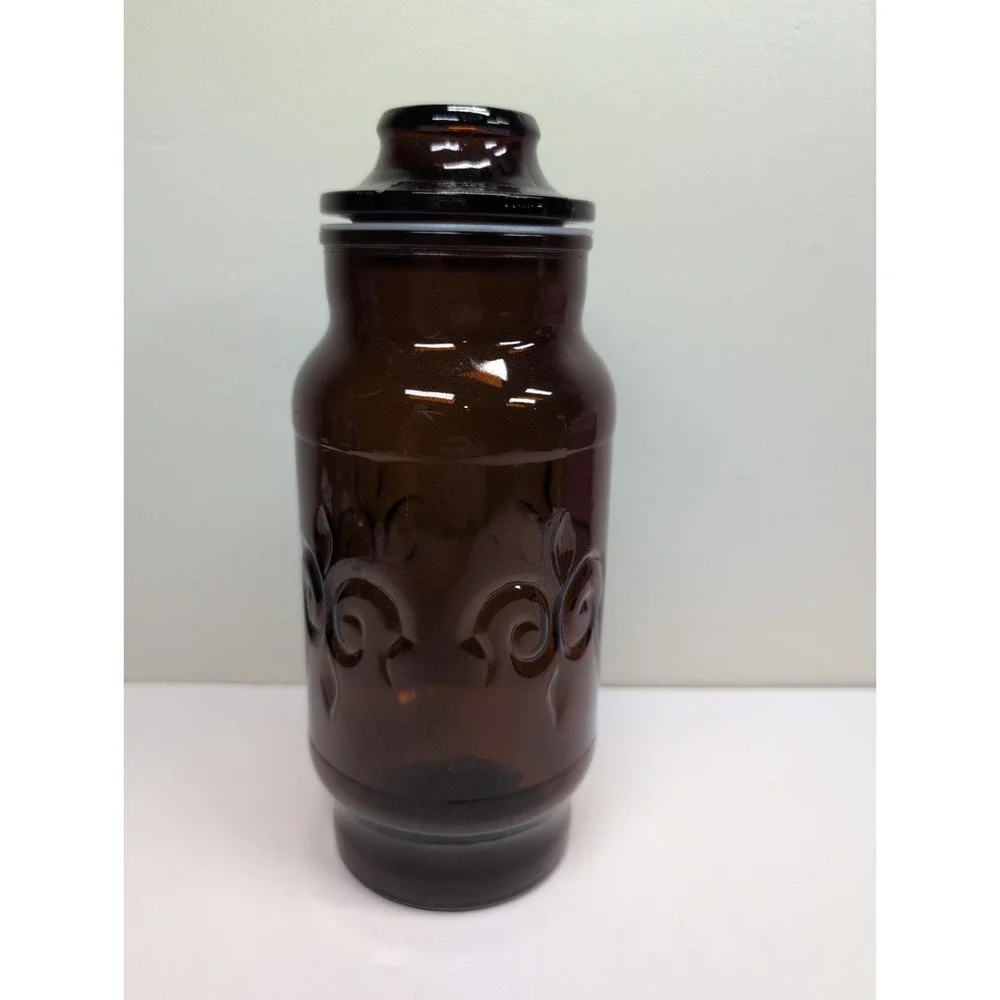 Vintage Borden Jar 1970's Fleur‎ De Lis Apothecary With Lid Dark Amber